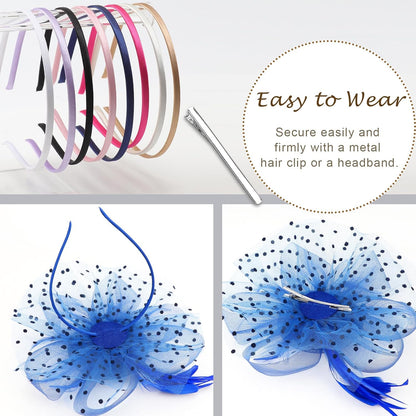 DRESHOW Fascinators Hat Flower Mesh Ribbons Feathers on a Headband and a Clip Tea Party Headwear for Girls and Women - Colors A