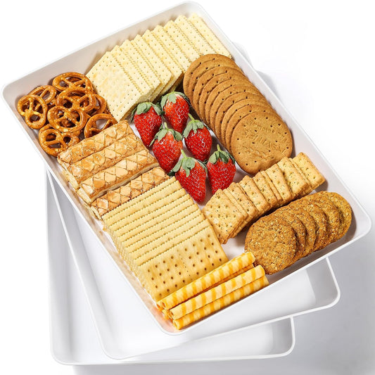 4-Pack Plastic 16" x 11" Large White Serving Trays Set - Reusable Serving Platters for Cookie, Appetizer, Charcuterie, Snack, Dessert, Party Food Display - Stackable Kitchen CounterTop Tray, BPA Free