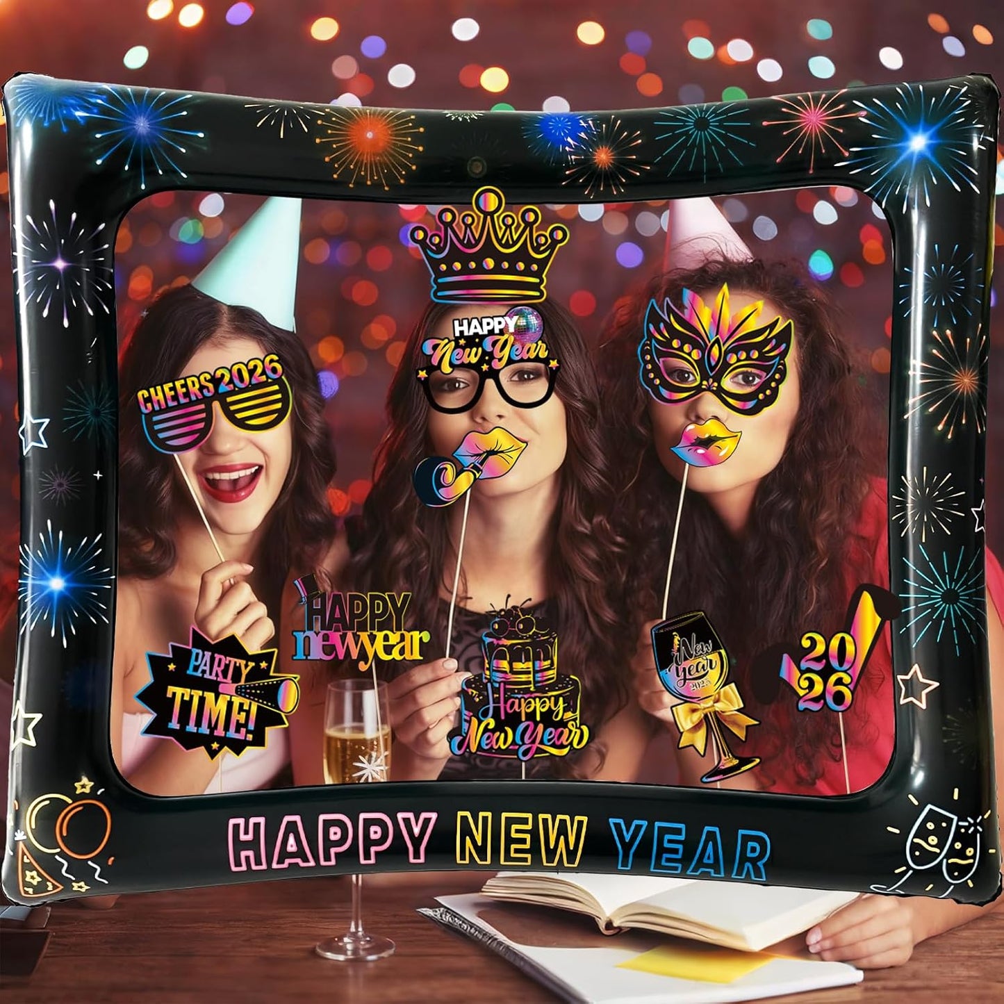 Hawaiian Photo Booth Props & Inflatable Frame, 30Pcs Luau Photobooth Props with Large Inflatable Inflatable Selfie Picture Frame for Summer Tropical Aloha Luau Party Selfie Supplies