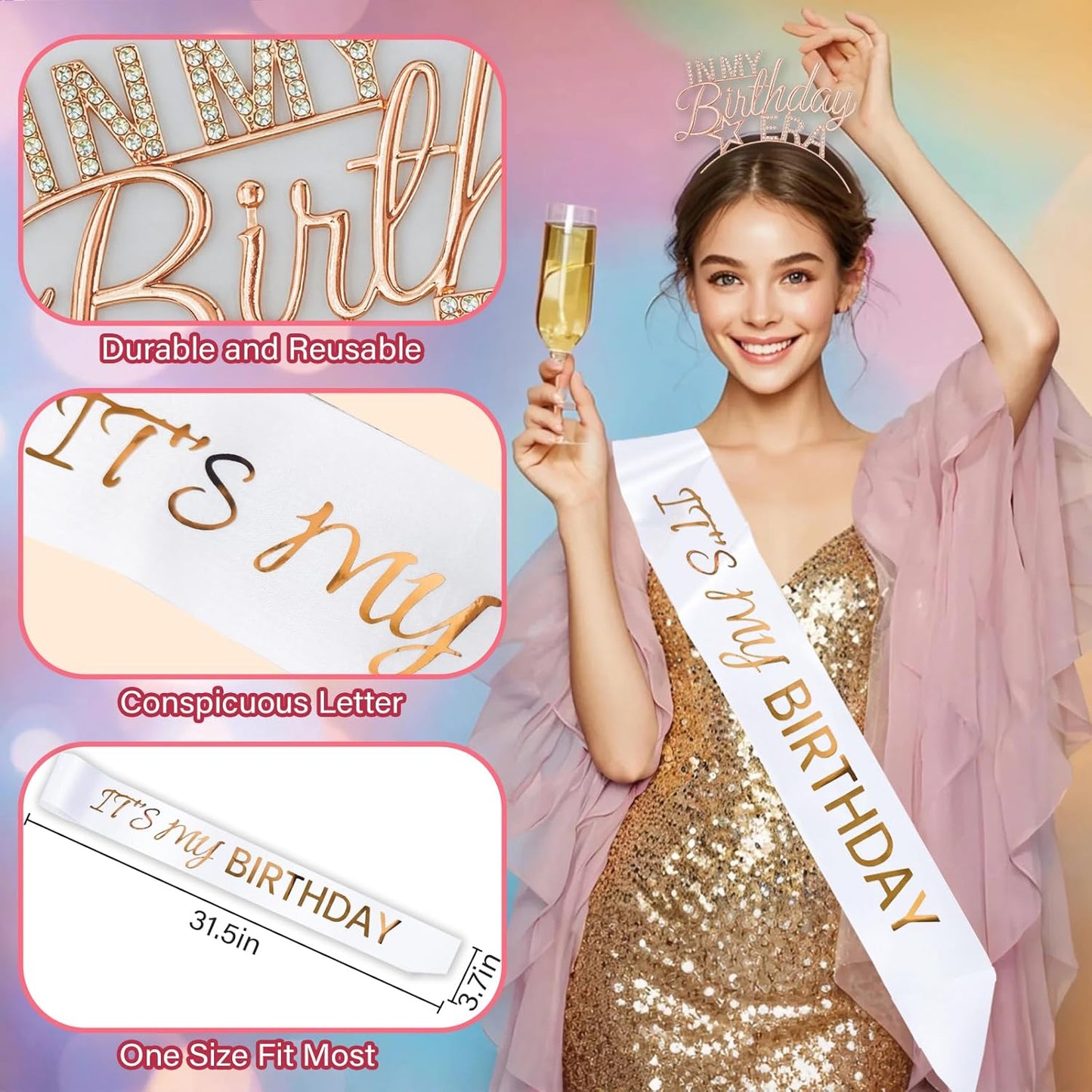 Birthday Sash and Tiara for Women – In My Birthday Era Rose Gold Rhinestone Headband, It’s My Bday Satin Sash, Classy Birthday Outfit Accessories