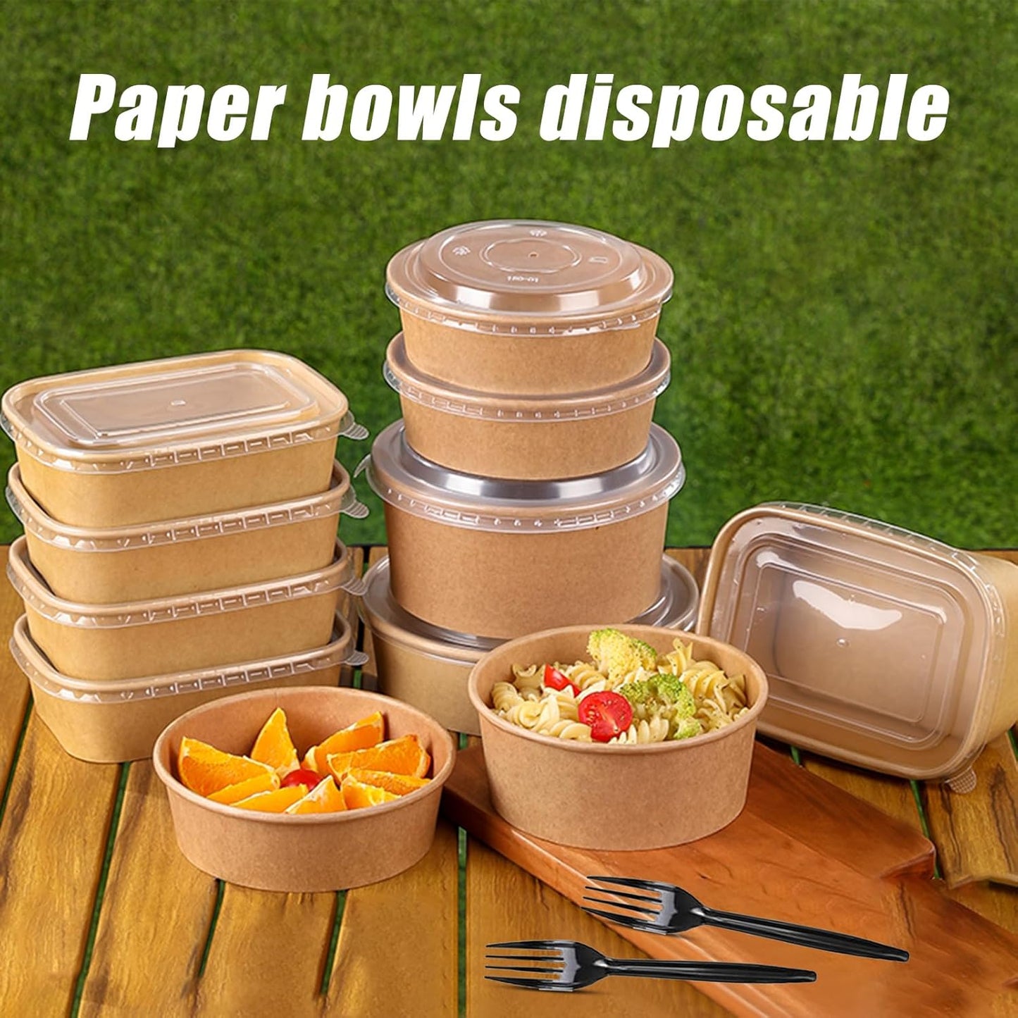 50-Pack 29oz Disposable Kraft Paper Bowls【with Lids and Forks】,Meal Prep Containers Disposable Togo Food Deli Containers for Restaurant Supplies Take Out Containers, Microwave Safe for Hot/Cold Food