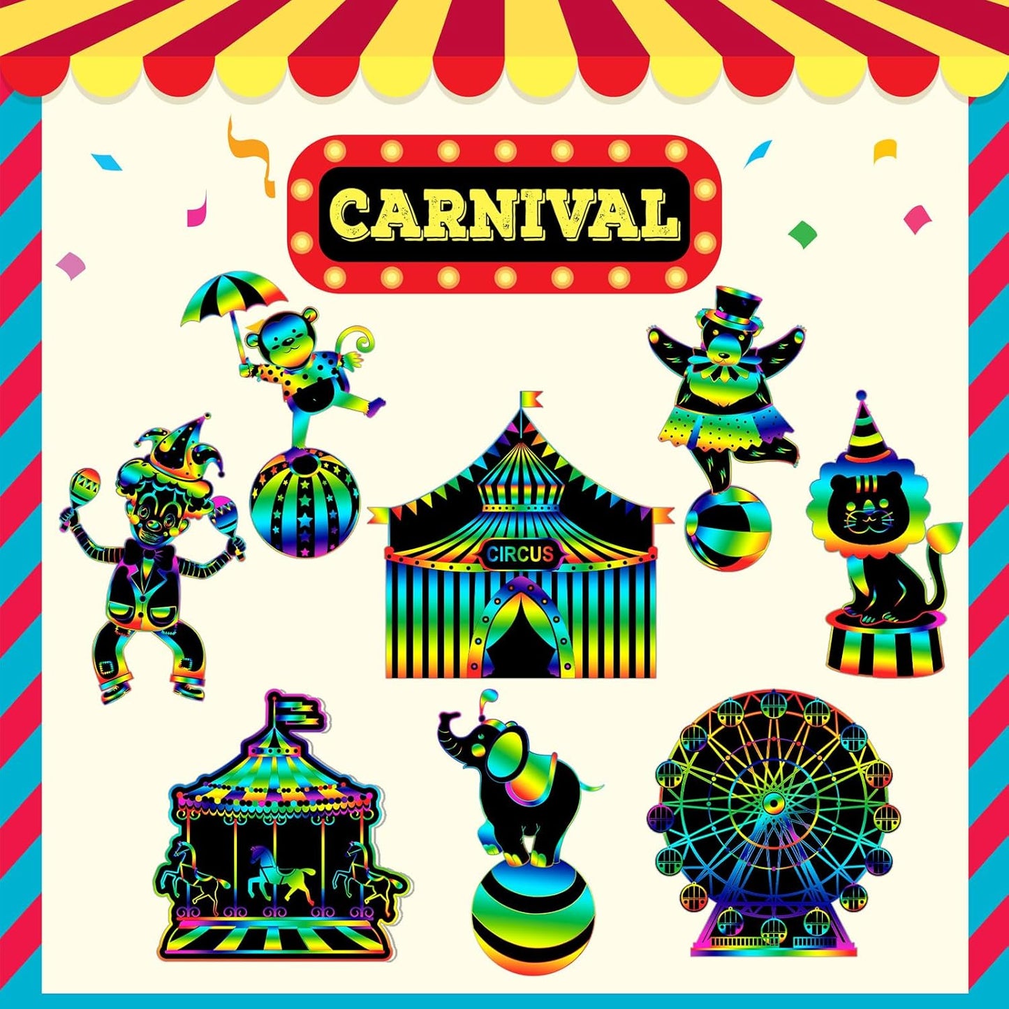 RoundFunny 80 Pcs Carnival Cutouts Scratch Cards Circus Theme Party Crafts Kids Colorful Circus Animals Scratch Paper for DIY with 80 Pcs Stick and Ribbon for Birthday Party Classroom Rewards Art