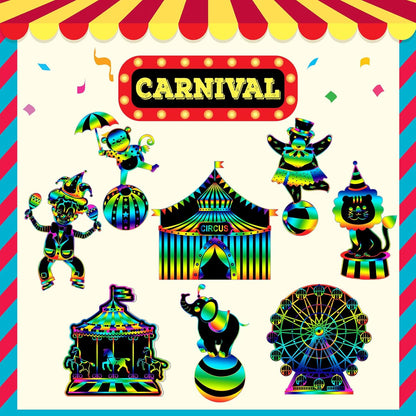 RoundFunny 80 Pcs Carnival Cutouts Scratch Cards Circus Theme Party Crafts Kids Colorful Circus Animals Scratch Paper for DIY with 80 Pcs Stick and Ribbon for Birthday Party Classroom Rewards Art