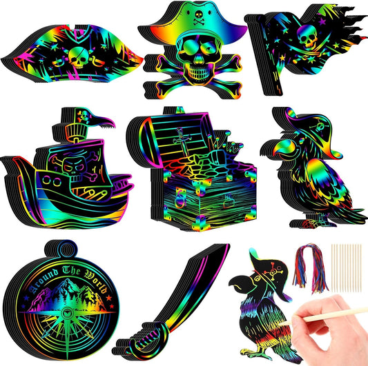 Motipuns 80 Pcs Pirate Scratch Cards for Adult Rainbow Treasure Compass DIY Ornament Crafts Pirate Party Favor for Men Gifts Birthday Decorations