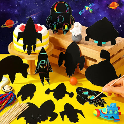 Engrowtic 72 Pieces Rocket Scratch Cards Outer Space Theme Party Scratch Crafts Rainbow Rocket Paper Card Art Favors for DIY Crafts Home Decoration Project