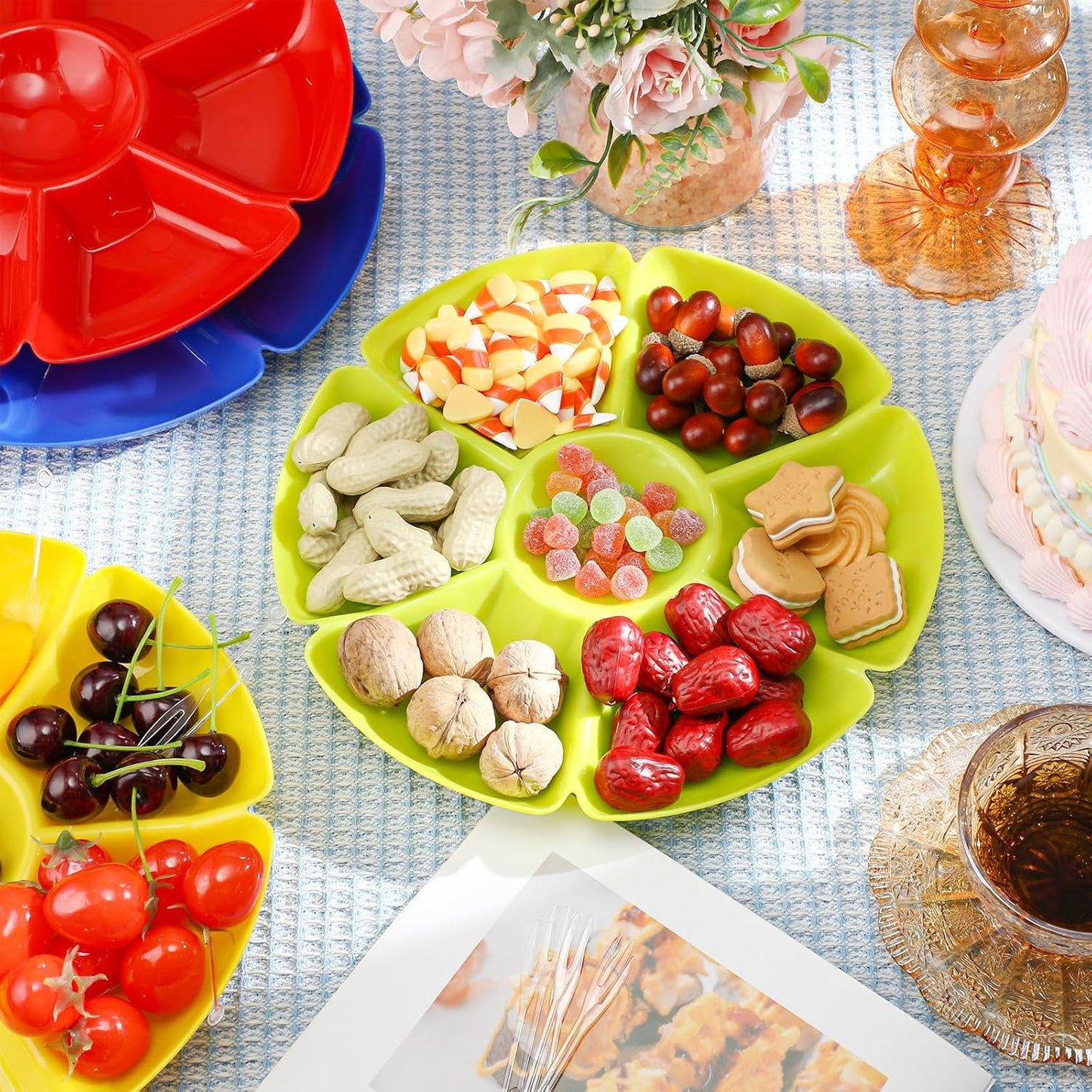 Zhehao 4 Pcs Sectional Heavyweight Plastic Divided Plates Serving Trays with 40 Disposable Forks 10.6" 7 Section Round Chip Dip Plate Snack Food Platter for Nut Candy Veggie Fruit (Blue)