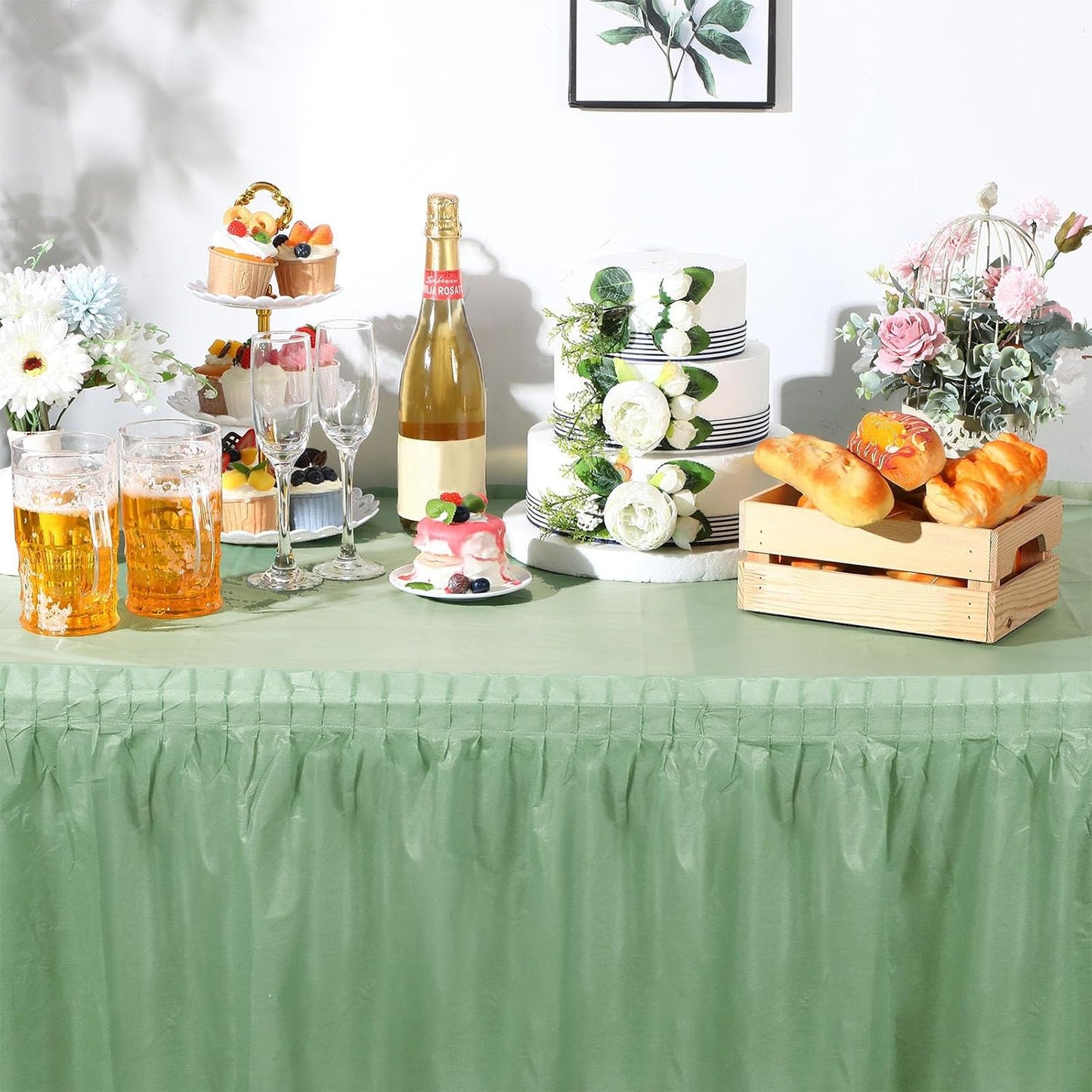 Oudain 6 Pcs Plastic Table Skirts and Stainproof Table Cloths 54 x 108 in Plastic Ruffle Tablecloth 168 x 29 Inches Disposable for Wedding Baby Shower Valentine Spring Easter Party(White)
