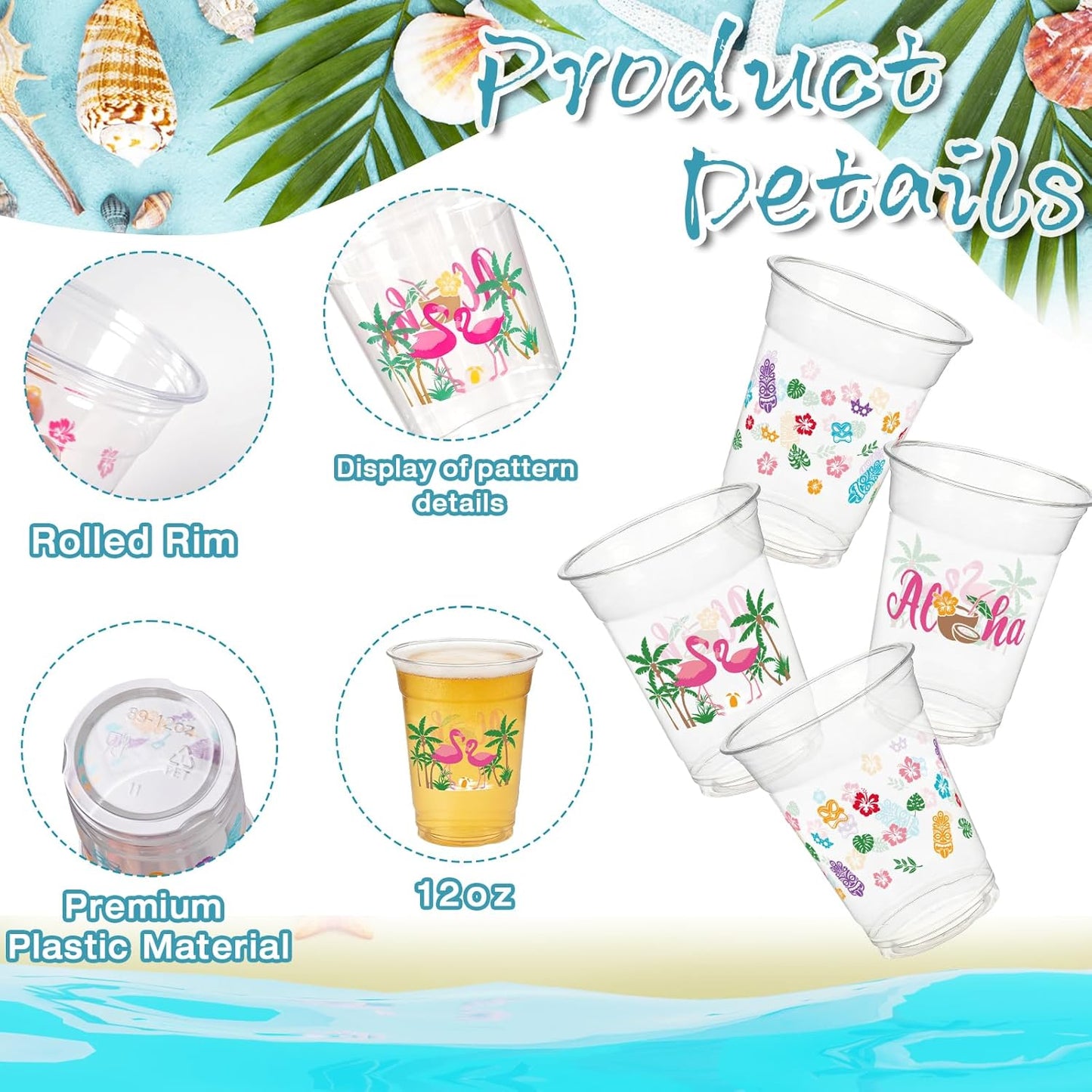 GuassLee 50 Luau Cups for Hawaiian Luau Party Decorations, 12 OZ Tiki Tropical Plastic Disposable Cups for Pool Flamingo Tiki Birthday Party Decor Supplies