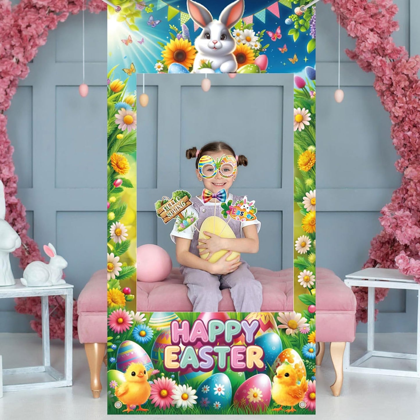 Lucleag Easter Photo Booth Props & Frame Banner Set, 30Pcs Cute Bunny Egg Photo Props & 1Pcs Selfie Frame Photos Banner Photo Accessories for Easter Spring Decoration Party Supplies