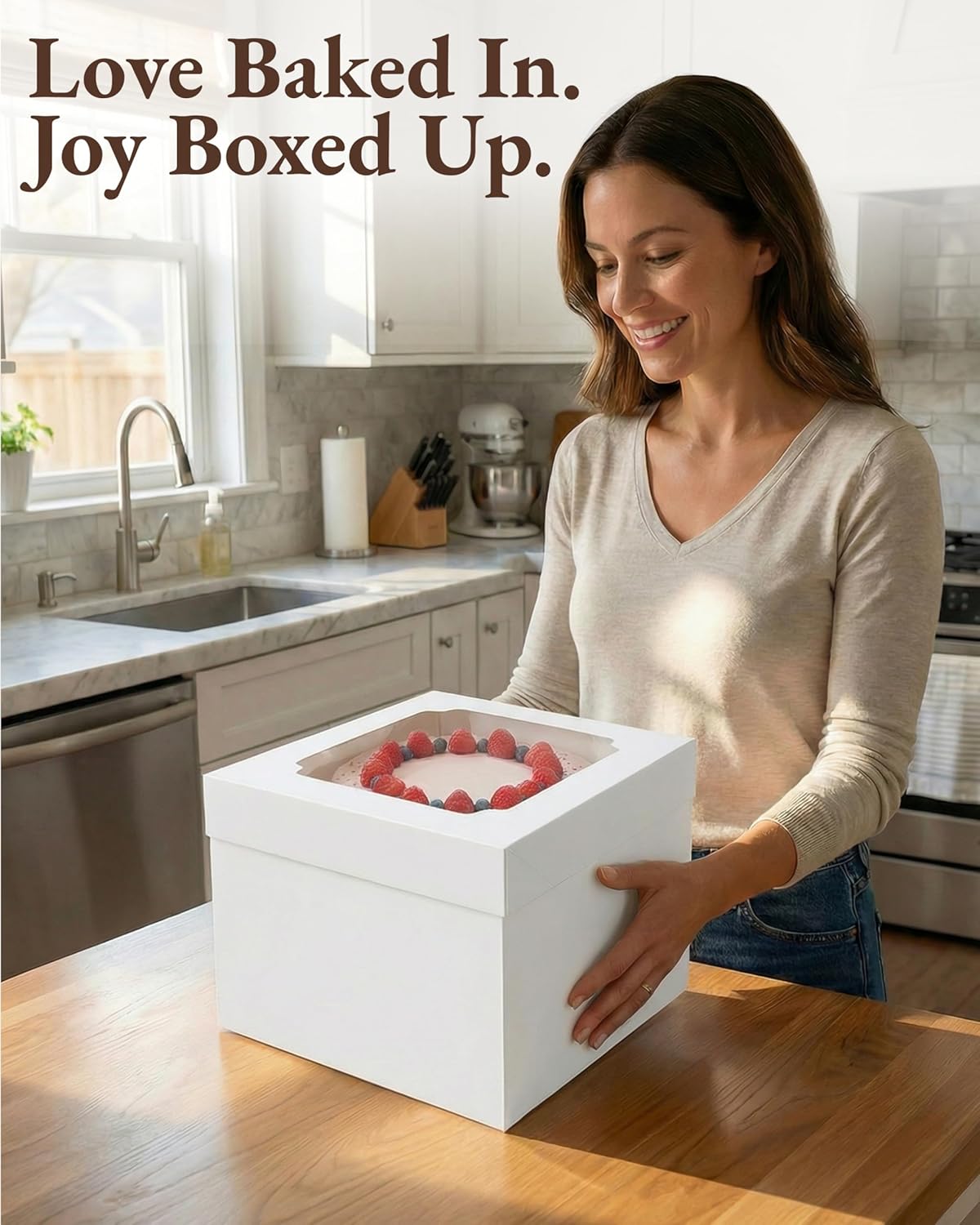 12x12x8 Inch Cake Boxes 20 pcs, Large 12 Inch Cake Box with Window for 8 Inch Tall Tiered Bakery Cakes, Pies, Sturdy Square White Cardboard, Cake Decorating Supplies (80 Pcs Stickers)
