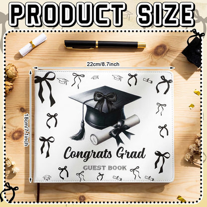 Patelai Pink Bow Graduation Guest Book Class of 2026 Party Decorations Leather Graduation Guest Signature Party Sign Gift with Pen, 112 Pages (Congrats Grad)