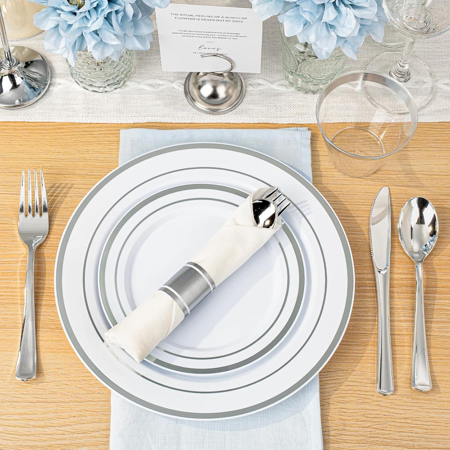 BESTVIP 350PCS Gold Plastic Dinnerware Set, Disposable Party Plates for 50 Guests, Include: 100 Plastic Plates, 50 Pre Rolled Napkins with Gold Silverware, 50 Cups