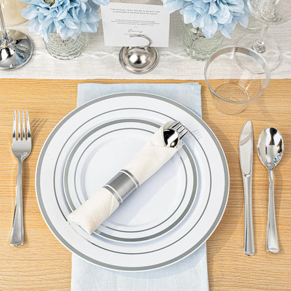 BESTVIP 350PCS Gold Plastic Dinnerware Set, Disposable Party Plates for 50 Guests, Include: 100 Plastic Plates, 50 Pre Rolled Napkins with Gold Silverware, 50 Cups