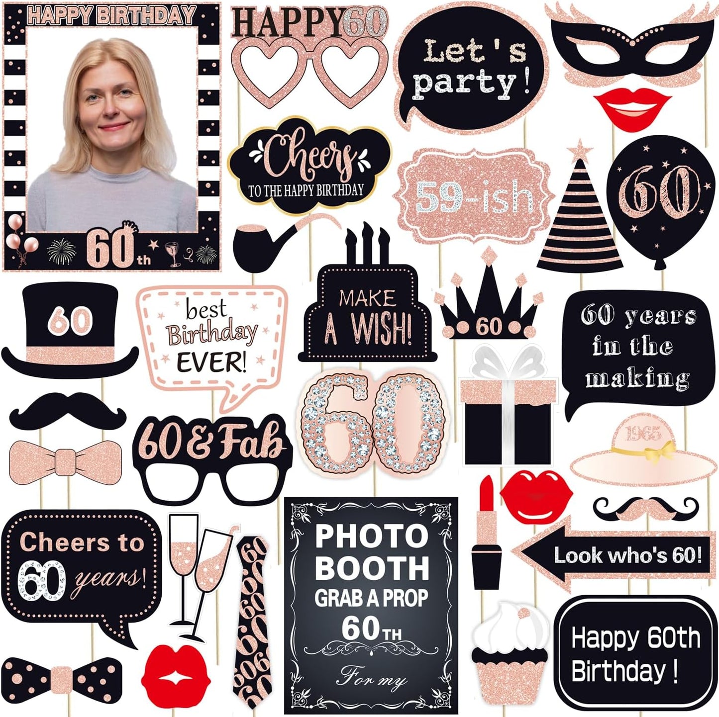 32pcs 60th Birthday Photo Booth Props for Men Women, 60 Birthday Selfie Props Kit, Classic Black Gold Happy 60th Birthday Party Supplies, Cheers to 60 Years Old Bday Decor