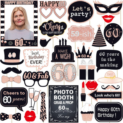 32pcs 60th Birthday Photo Booth Props for Men Women, 60 Birthday Selfie Props Kit, Classic Black Gold Happy 60th Birthday Party Supplies, Cheers to 60 Years Old Bday Decor