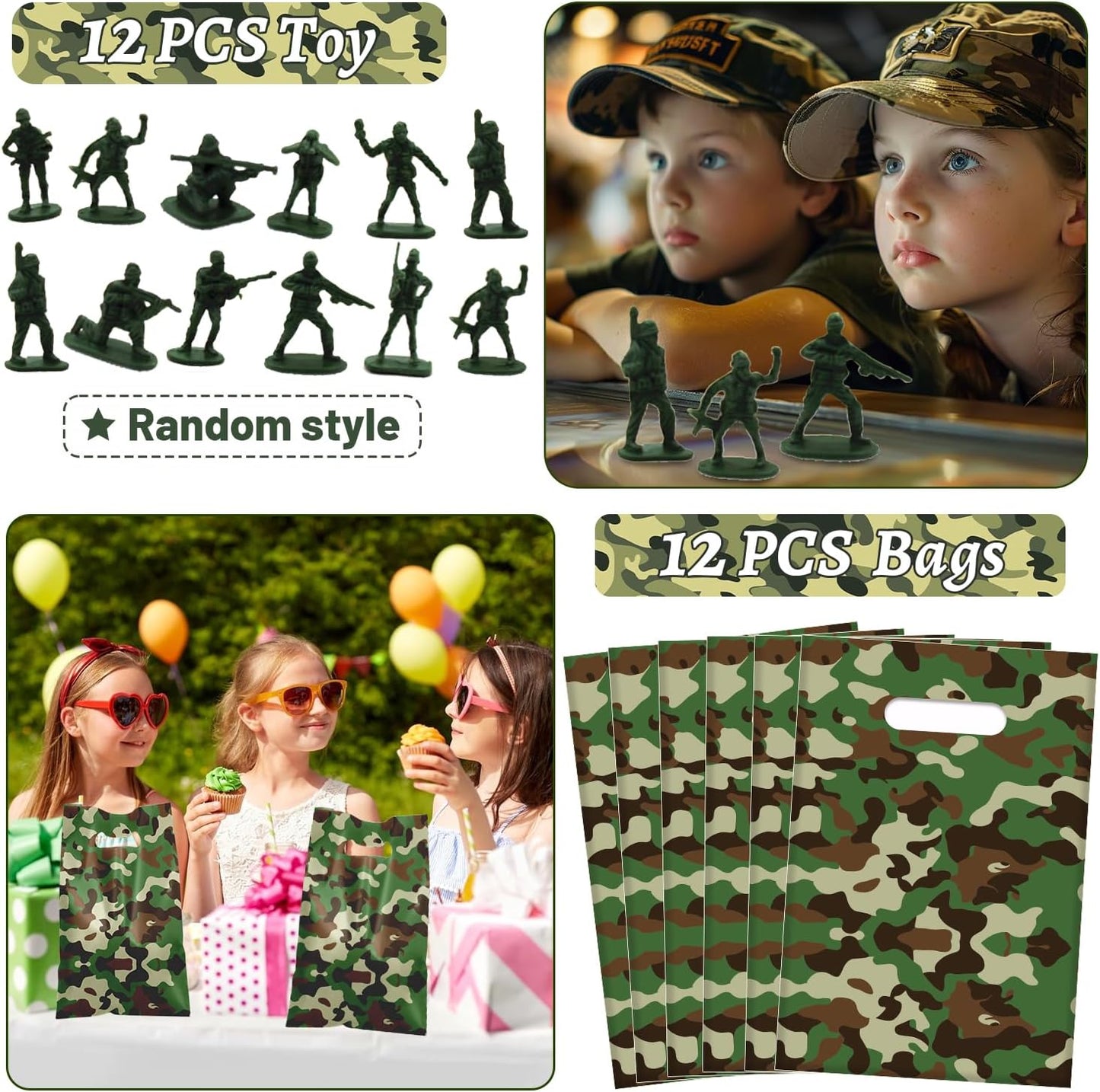 122 PCS Army Party Favors, Military Camo Temporary Tattoos Slap Bracelets Keychains Stickers Badges Goodie Bags Soldiers Figures for Army Birthday Party Decorations Gifts for Kids Classroom Rewards