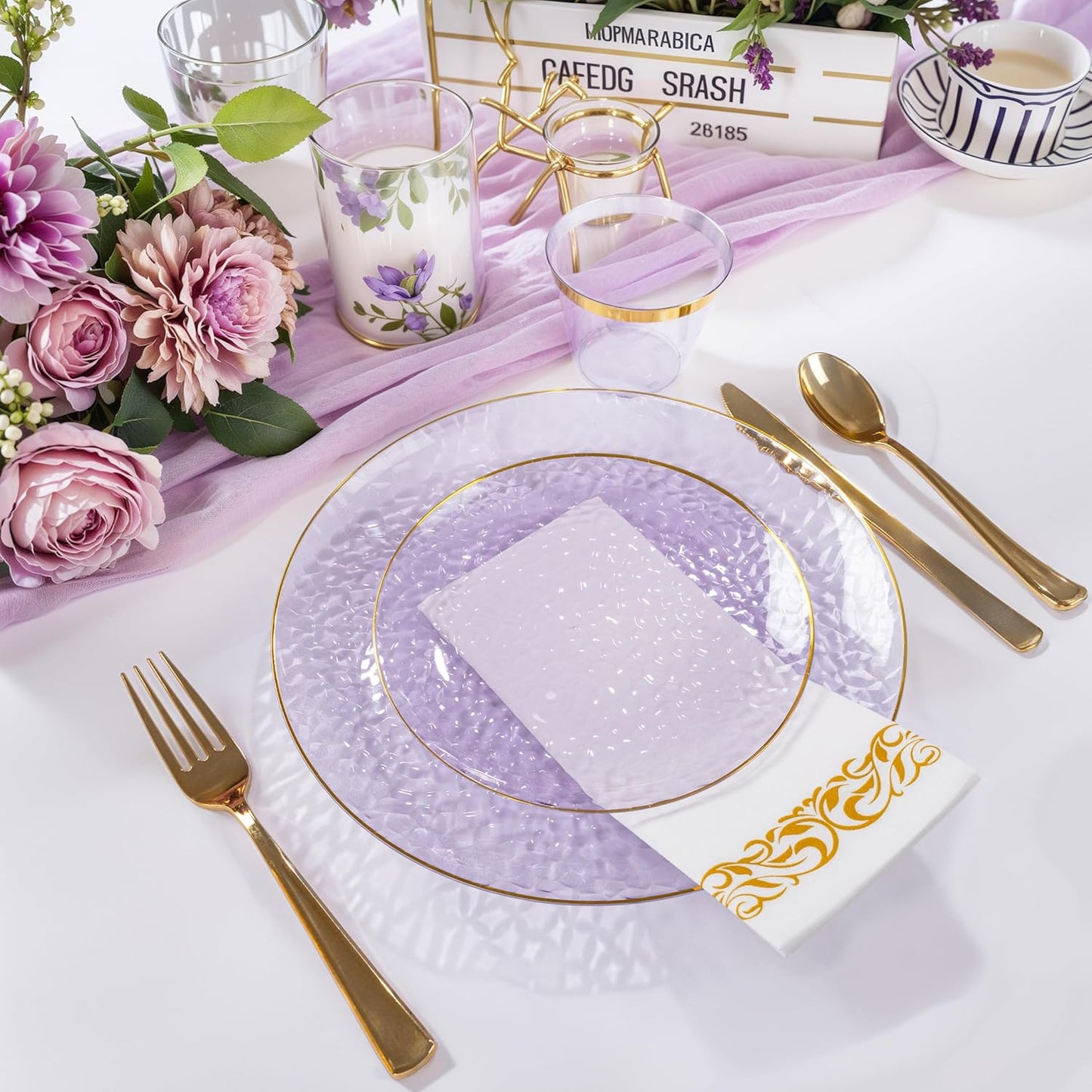 Rubtlamp 350 Pcs Clear Blue Plastic Plates, Blue Gold Plastic Dinnerware Set (50 Guests), Blue Disposable Plates With Gold Rim, Hammered Party Plates Set for Wedding And Party