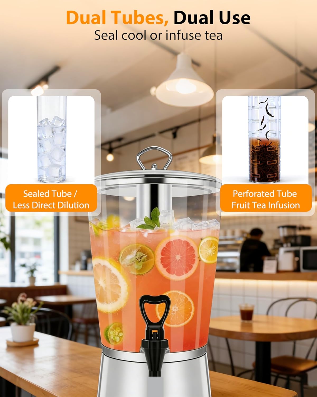Beverage Dispenser with Stand,2 Gallon Drink Dispenser for Parties,Events,Buffet &Self-Serve,Dual Ice Tube Core Fruit Infuser,Leakproof Spigot,Clear PC Container,Stainless Steel Lid&Base