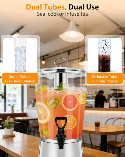 Beverage Dispenser with Stand,2 Gallon Drink Dispenser for Parties,Events,Buffet &Self-Serve,Dual Ice Tube Core Fruit Infuser,Leakproof Spigot,Clear PC Container,Stainless Steel Lid&Base