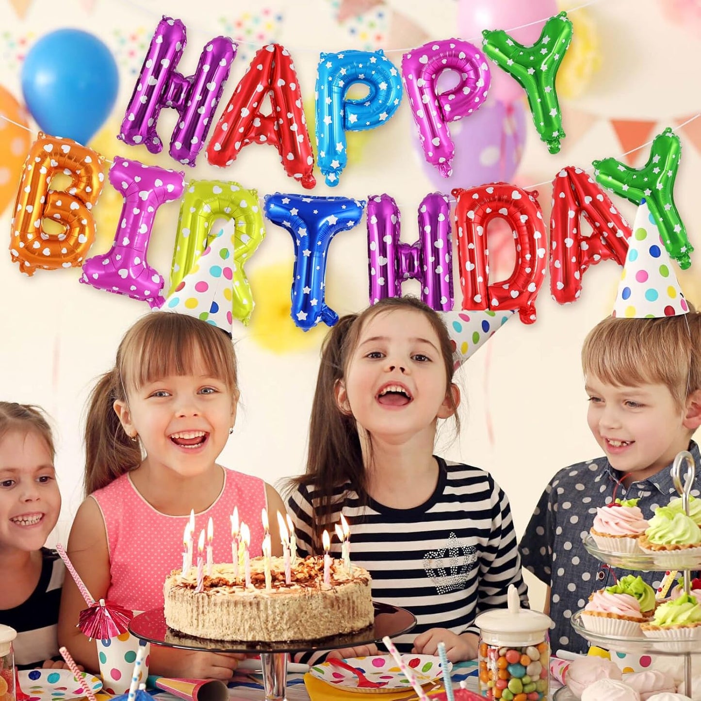 Happy Birthday Balloons Banner, Foil Balloon Personalized Name Letters Balloons Sign Birthday Party Decorations for Women Men Boys Girls Cream