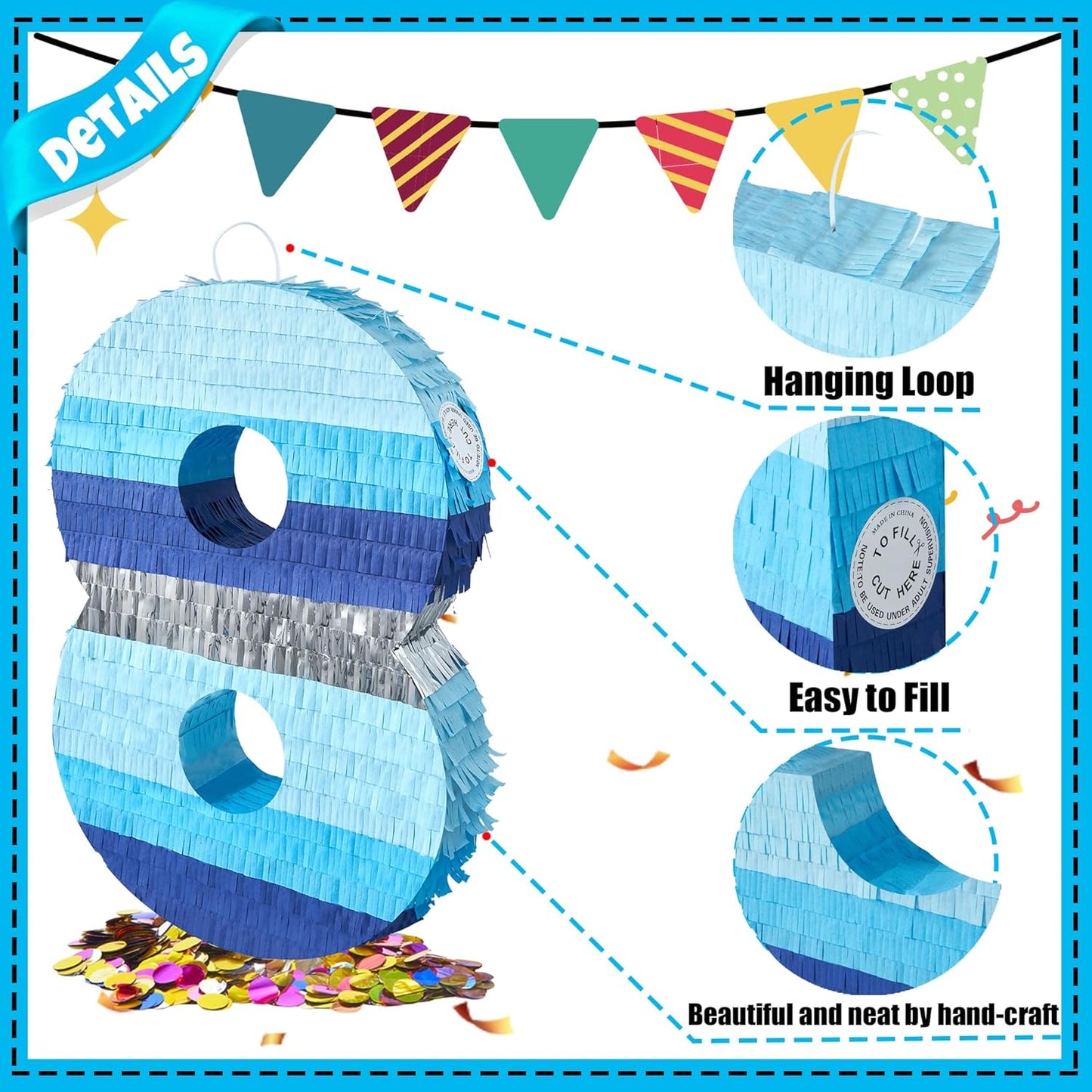 PCFING 20 Inch Number 3 Piñata Blue Silver with 30 Inch Piñata Stick Blindfold Confetti for Boys Girls Adults Birthday Party Decorations, Anniversary Celebration, Fiesta