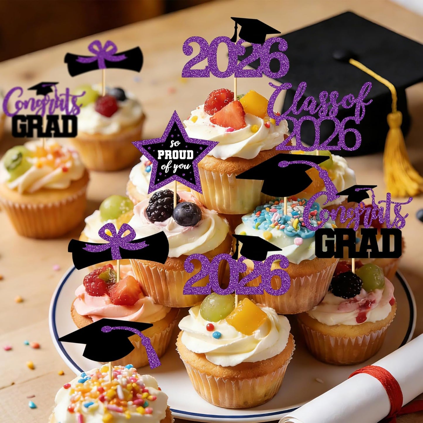 48 PCS Graduation Cupcake Toppers, Glittery 6 Styles Congrats Grad Cake Topper, Black and Red Graduation Decorations 2026, Cap and Diploma Cake Picks for Grad Party Supplies