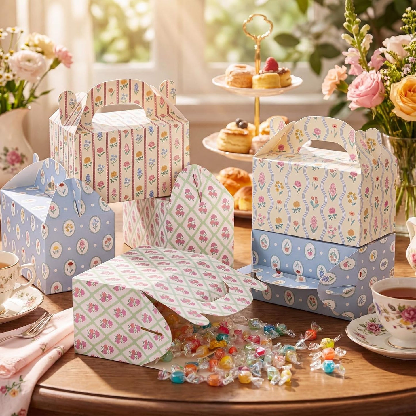 Novabright 24 Pcs Colorful Striped Party Favor Boxes Summer Pool Treat Gable Boxes with Handles Beach Stripe Gift Bags for Wedding Baby Shower Summer Pool Party Supplies