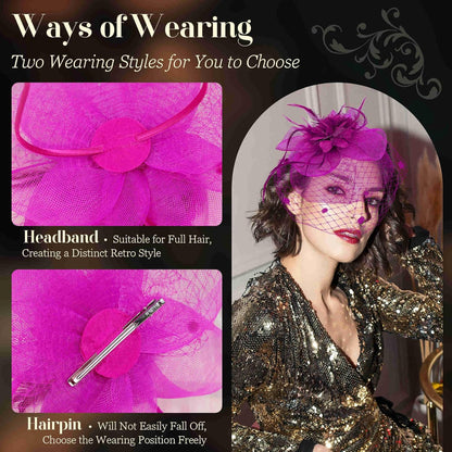 Fascinators Hats for Women Tea Party Hat Feather Mesh Headband Vintage Lace Cocktail Headwear Veil Hair Clip Church