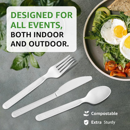 450 Counts Compostable Forks Spoons Knives Set Disposable Forks Utensils Heavy Duty Silverware Eco Friendly Flatware for Party Camping Picnics White forks spoons and knives set