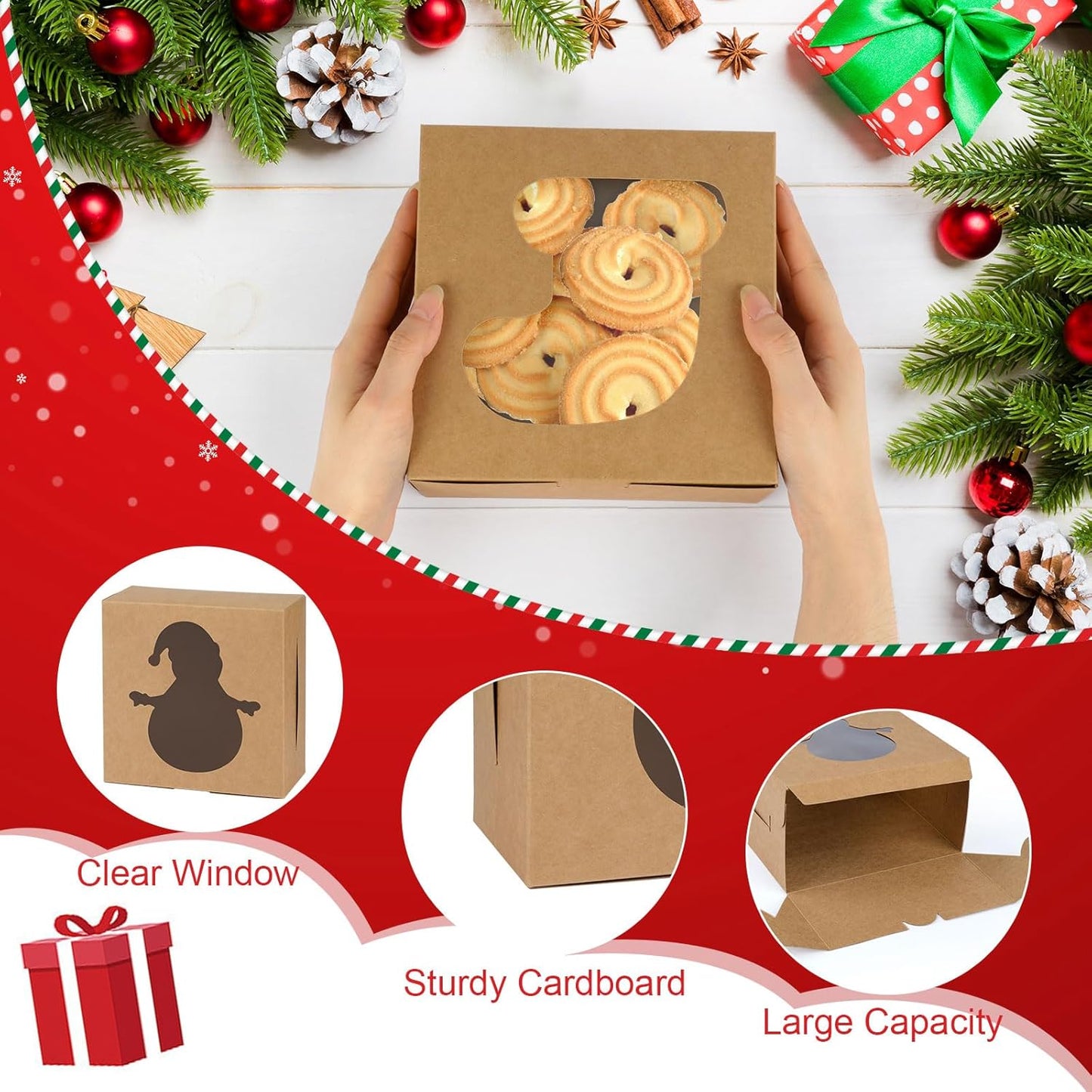 WINKIO 24pcs White Cookie Boxes, 4x4x2.5 Inches Bakery Boxes with Window, for Mini Cake Treat Dessert Pastry Donuts Macaroon Strawberries Chocolate Candy (with Stickers)