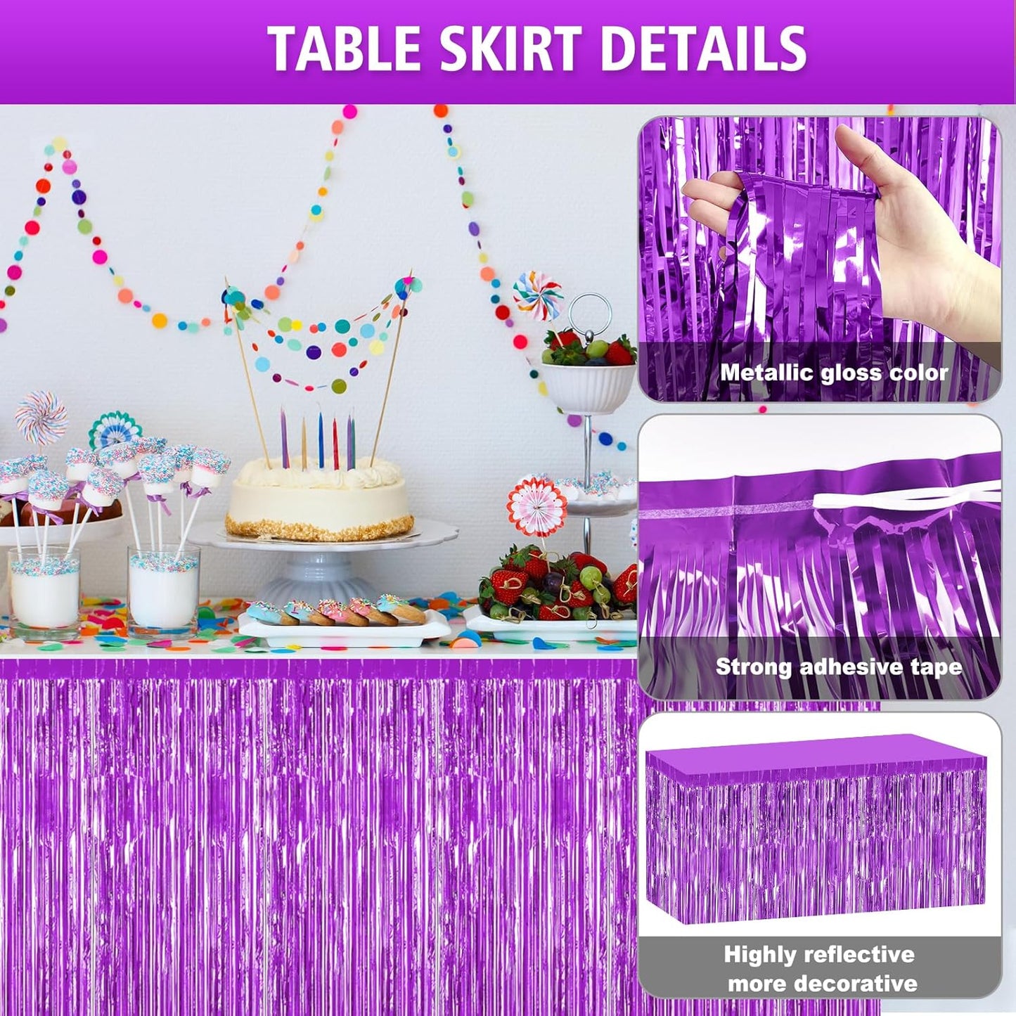 2 Pack 29.5x108 Inch Silver Foil Tinsel Fringe Table Skirts, Disposable Table Skirts for Rectangle Tables Curtains Backdrop Parade Wedding Floats Baby Shower Birthday Mardi Gras Party