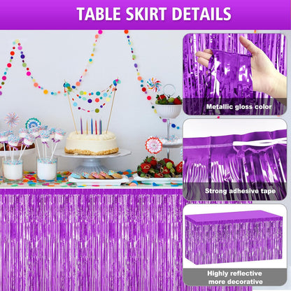 2 Pack 29.5x108 Inch Silver Foil Tinsel Fringe Table Skirts, Disposable Table Skirts for Rectangle Tables Curtains Backdrop Parade Wedding Floats Baby Shower Birthday Mardi Gras Party