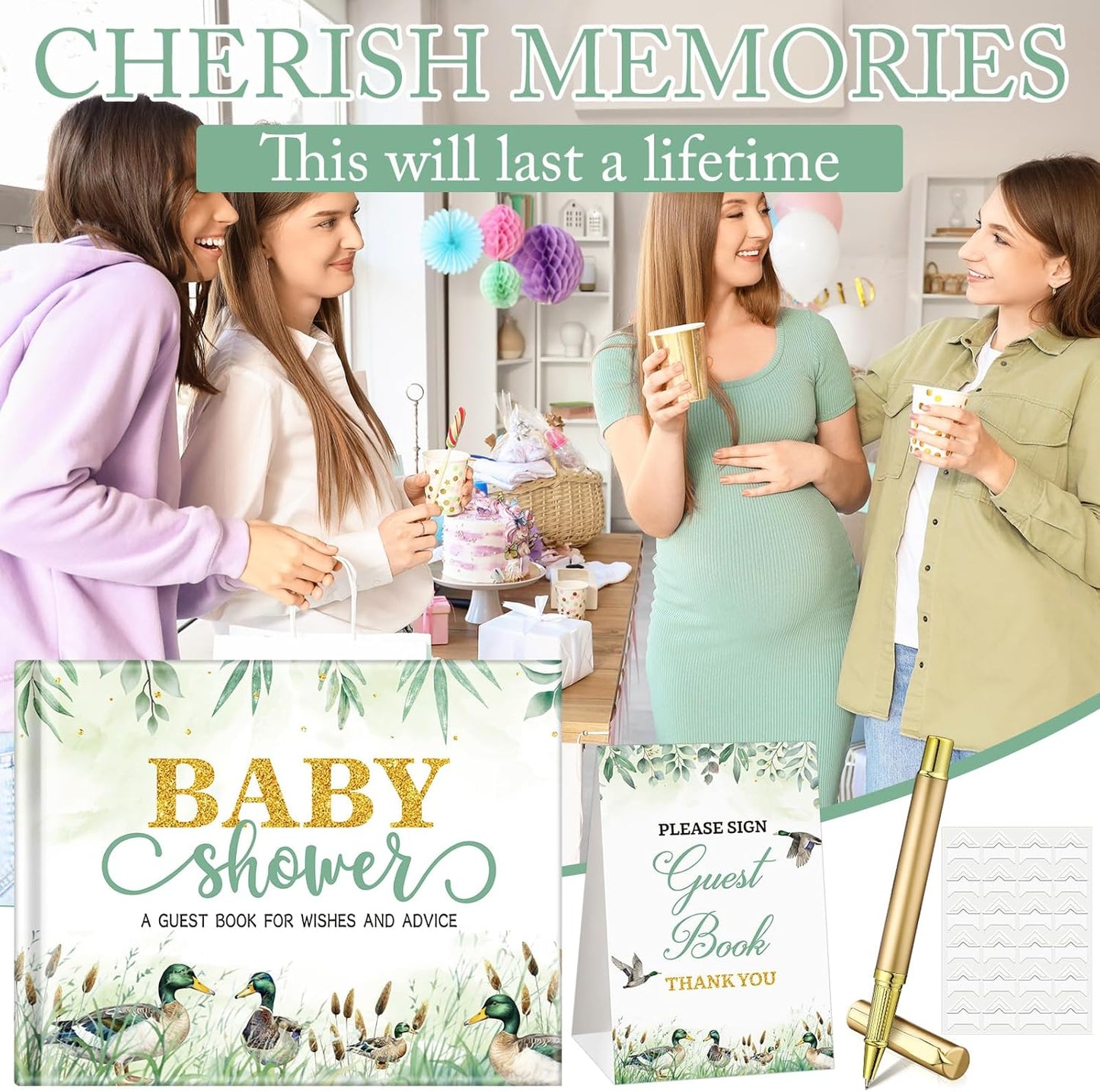 Fuyoooo 27 Pcs Safari Animal Baby Shower Guest Book Set Baby Shower Sign in Guest Floral Book Place Table Cards with Gold Pen Adhesive Photo Corner for Birthday Party
