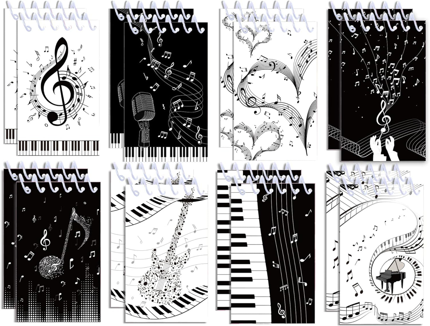 24 Pack Musical Notes Mini Spiral Notebook, Black and White Piano Pocket Notebook for Classroom Students Rewards, 16 Pages Portable Office Meeting Supplies