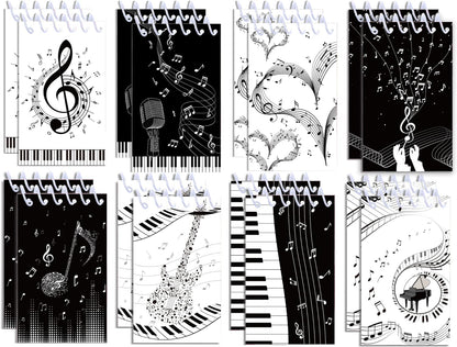24 Pack Musical Notes Mini Spiral Notebook, Black and White Piano Pocket Notebook for Classroom Students Rewards, 16 Pages Portable Office Meeting Supplies