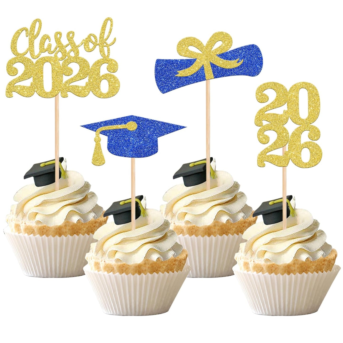 36 PCS 2026 Graduation Theme Cupcake Toppers Glitter Class of 2026 Grad Cap Diploma Cupcake Picks 2026 Graduation Theme Party Cake Decorations Supplies Deep Blue