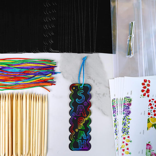 Winlyn 48 Sets 6 Styles Magic Color Scratch Bookmarks Making Craft Kits DIY Rainbow Scratch Paper Bookmarks with Scratching Tools Ribbons Art Sets for Kids Students Party Favors Classroom Activities