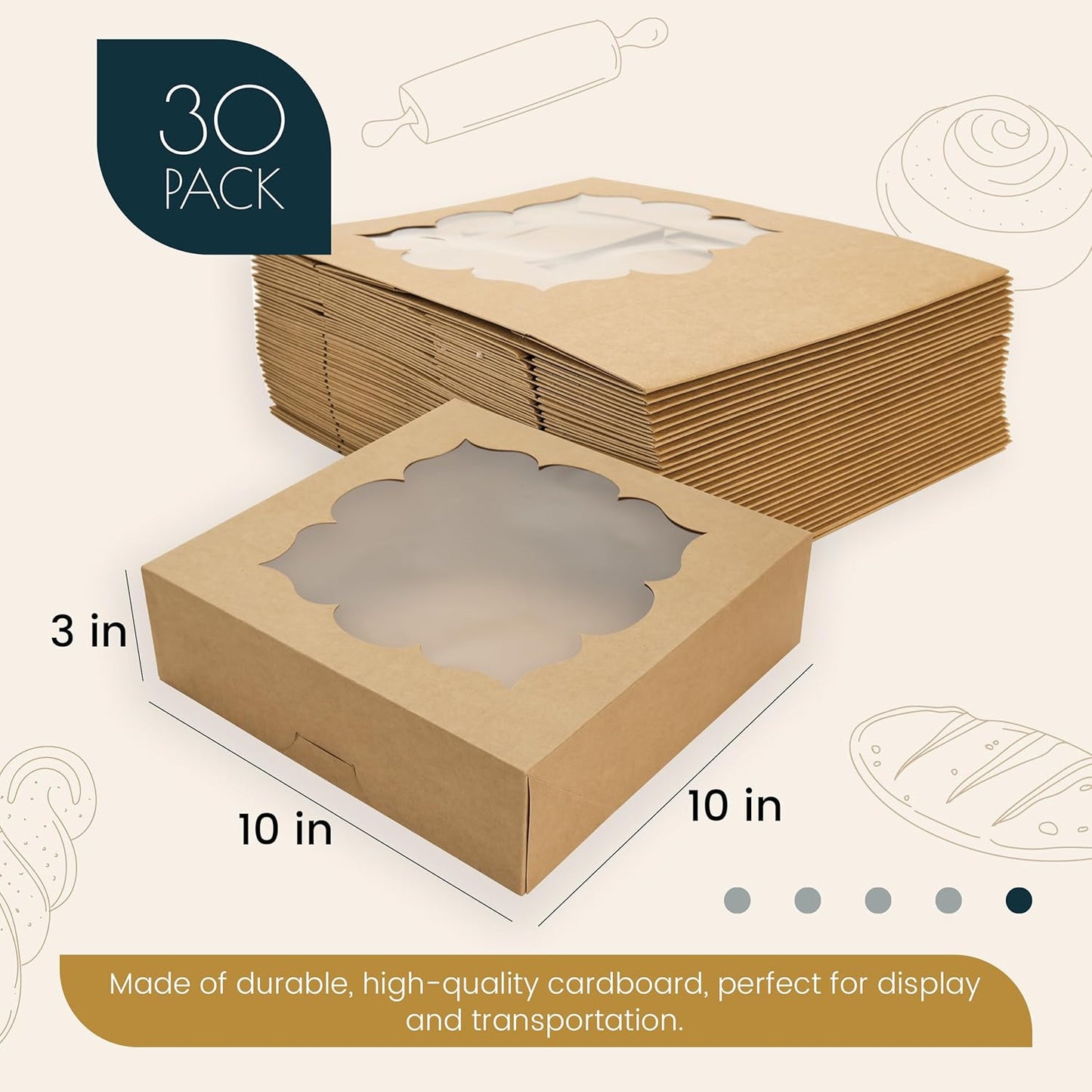NPLUX 30 Pack Pie Boxes with Window 10x10x3 in Bakery Boxes Perfect for Pies, Cheesecake, Cookies, Muffins and Chocolate Covered Strawberries (White)