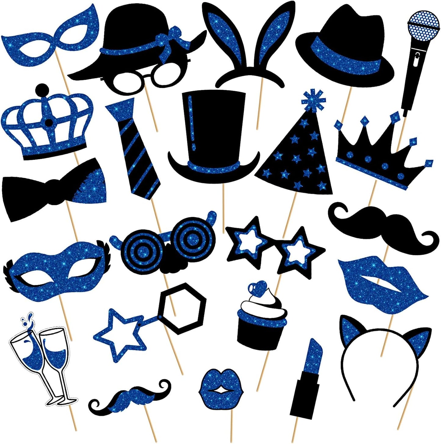 Zonon 24 Pcs Funny Photo Booth Props Class of 2026 Graduation Birthday Wedding Family Class Reunion Prom Disco Party Celebration Decoration Supplies Mix of Hats, Lipstick, Tie(Blue and Black)