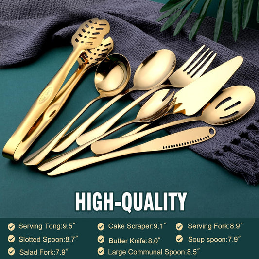 Gold Serving Utensils, OGORI 12-Piece Stainless Steel Serving Utensils Include Serving Spoons, Slotted Spoons, Serving Tongs, Serving Forks, Butter Knife, Stirring Spoon, Soup Ladle, Pie Server