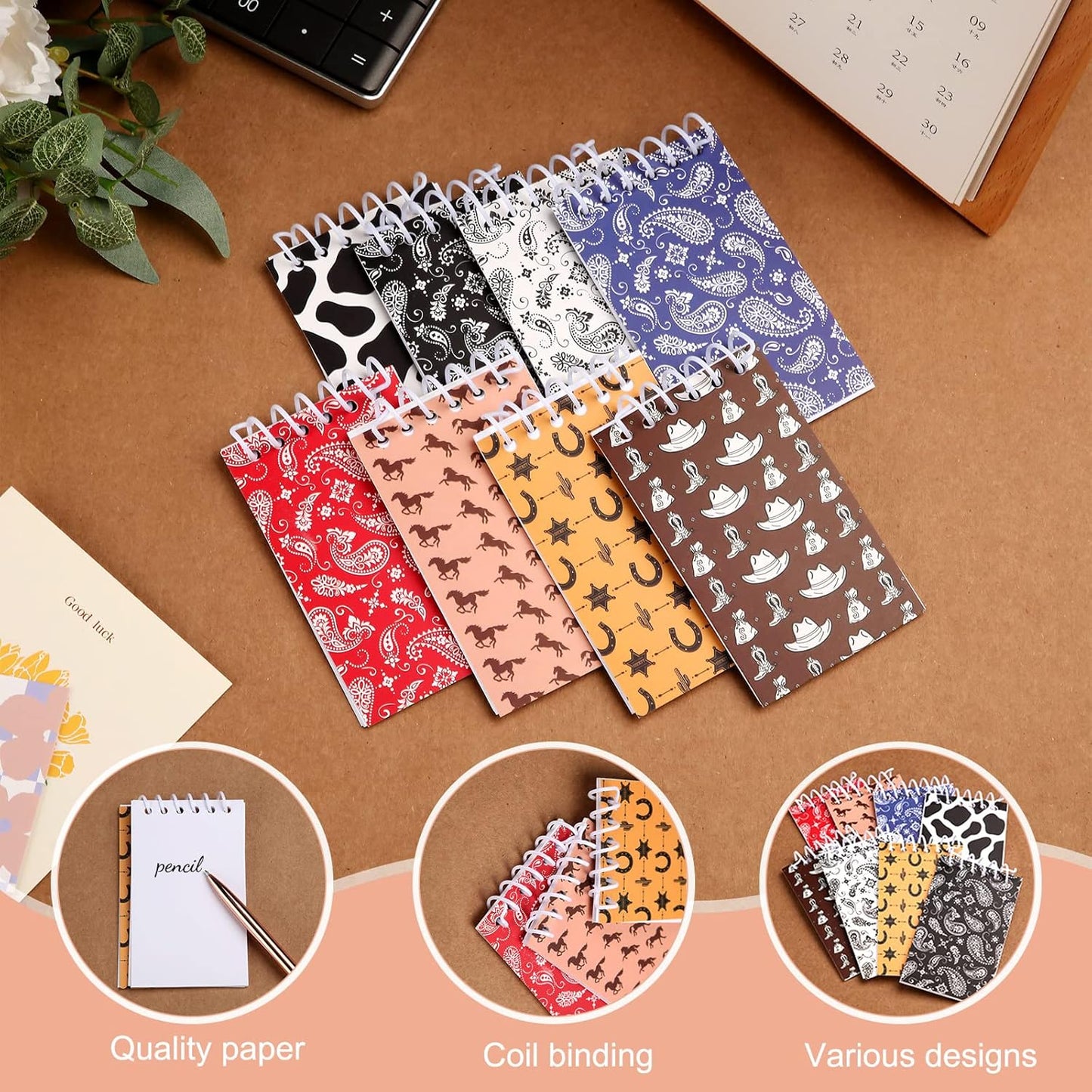 Teling 24 Pcs Western Cowboy Spiral Notebooks, Paisley, Cowboy Hat, Horseshoe, Cactus, Cow Pattern, Small Mini Notepads Cowboy-themed Stationery, Country-style Decor, Western Party Favors