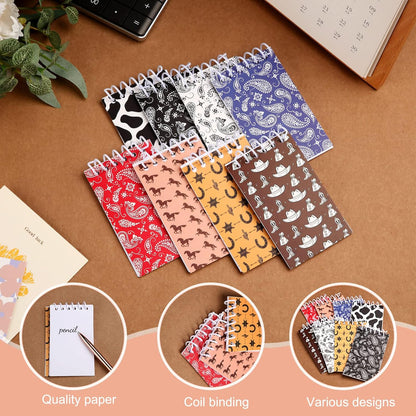 Teling 24 Pcs Western Cowboy Spiral Notebooks, Paisley, Cowboy Hat, Horseshoe, Cactus, Cow Pattern, Small Mini Notepads Cowboy-themed Stationery, Country-style Decor, Western Party Favors