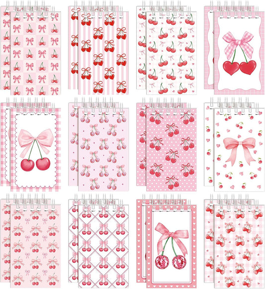 Resurhang 24 Pcs Pink Bow Cherry Mini Notebook Coquette Small Spiral Journal Notepad Cute Girly Pocket Memo Notebook for Women Party Office Supplies