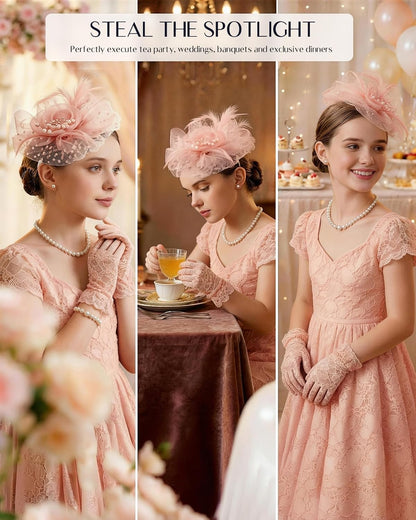 Girls Tea Party Fascinators Hats for Kids Fascinator Tea Party Hat Headband with Gloves Accessories for Girls