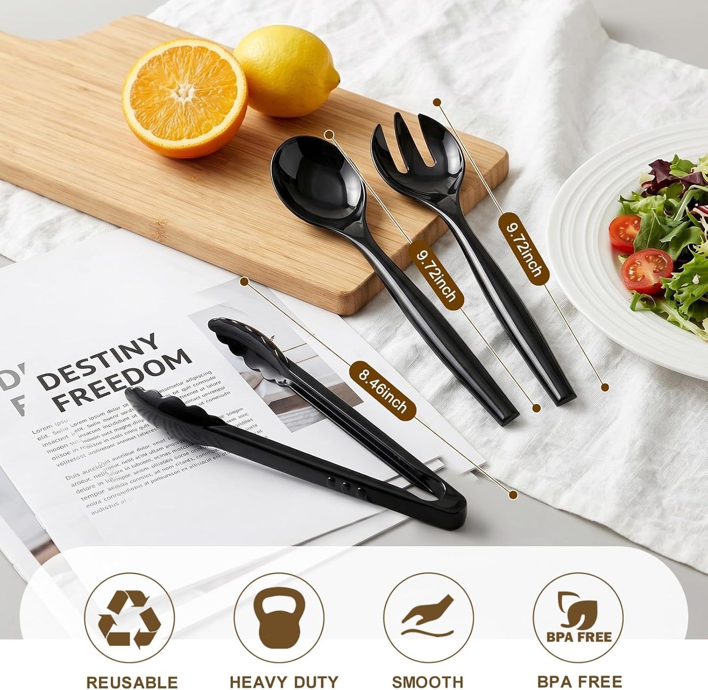 24 Pcs Disposable Black Plastic Serving Utensils,8 Set Including 9.72" Plastic Serving Spoons, Forks and 8.46" Tongs, for Dinner Parties, Buffets,Banquets, Events, Weddings, and Daily Use