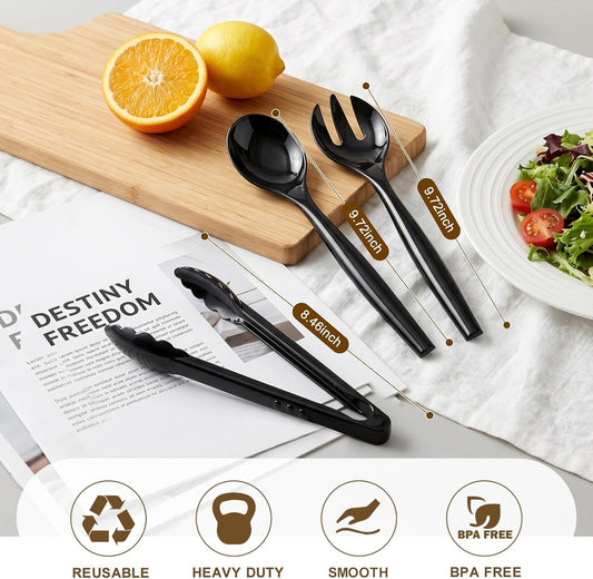 24 Pcs Disposable Black Plastic Serving Utensils,8 Set Including 9.72" Plastic Serving Spoons, Forks and 8.46" Tongs, for Dinner Parties, Buffets,Banquets, Events, Weddings, and Daily Use