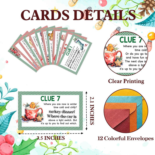 Christmas Scavenger Hunt Games, Gingerbread Man Clue Hunting Games for Party, Merry Christmas Party Decor Supplies Favors, Xmas Indoor Outdoor Activities for Family, 12 Cards with Envelopes -02