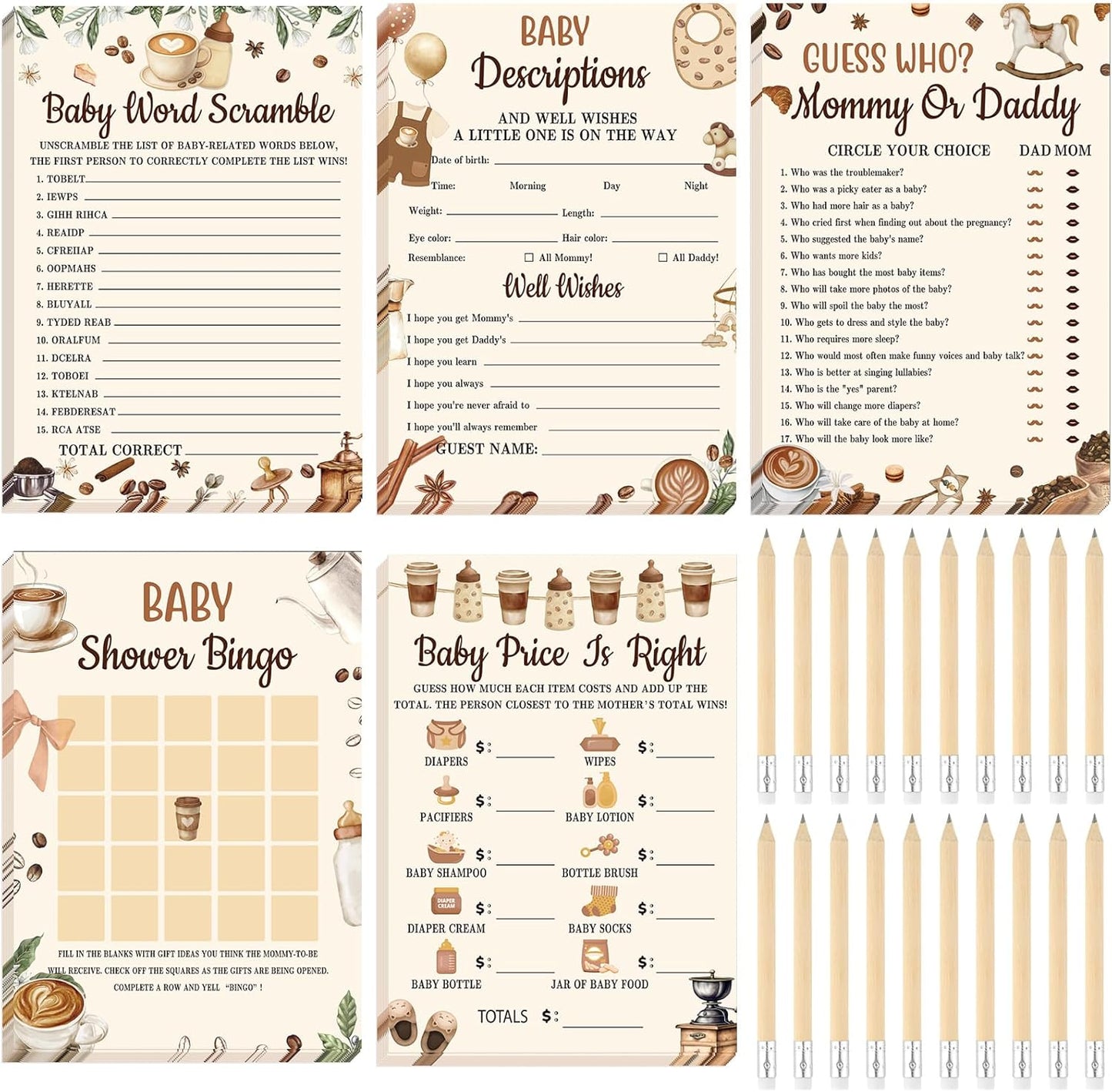 Yinder 145 Pcs Baby Shower Games Activities Cards with 20 Pencils Includes Baby Bingo Description and Wishes Guess Who Price is Right Word Scramble Game(Here Comes the Son)