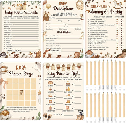 Yinder 145 Pcs Baby Shower Games Activities Cards with 20 Pencils Includes Baby Bingo Description and Wishes Guess Who Price is Right Word Scramble Game(Here Comes the Son)
