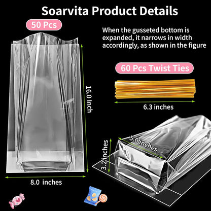 Soarvita 7x10 Inch Cellophane Treat Bags, 50 Pcs Clear Gift Bags with Bottom Gusset for Stand-Up Display, Cellophane Gift Wrap with 60 Gold Ties for Goodies, Treats, Candy, Party Favors, Toys